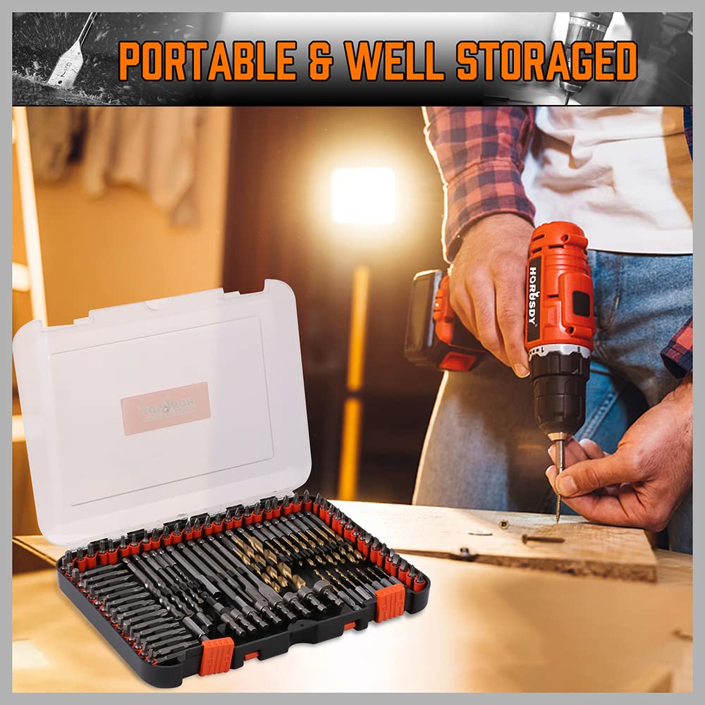 HORUSDY 112-Piece Drill Bit Set, Titanium & Masonry Bits with Nut Drivers and Storage Case, All-in-One for Wood, Metal & Concrete