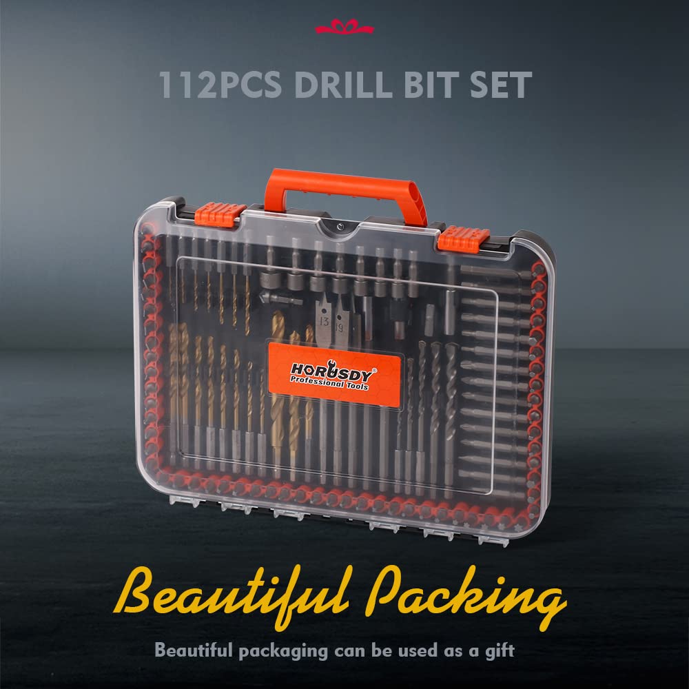 HORUSDY 112-Piece Drill Bit Set, Titanium & Masonry Bits with Nut Drivers and Storage Case, All-in-One for Wood, Metal & Concrete