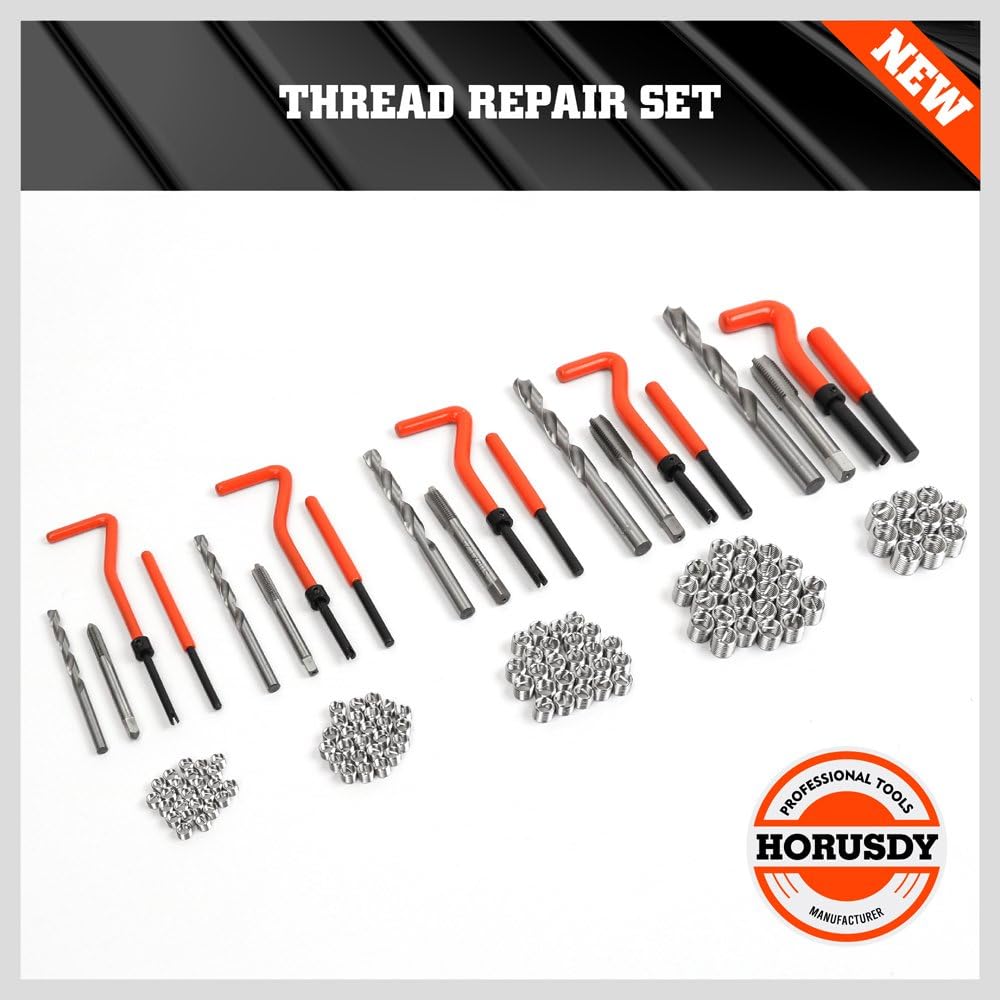 HORUSDY 131-piece thread repair kit with twist drills, screw taps, and inserts for M5-M12 thread restoration in metal case