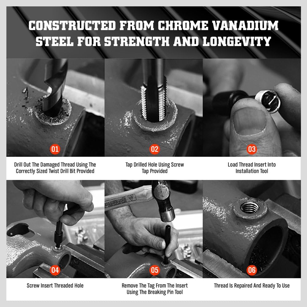 HORUSDY 131-piece thread repair kit with twist drills, screw taps, and inserts for M5-M12 thread restoration in metal case