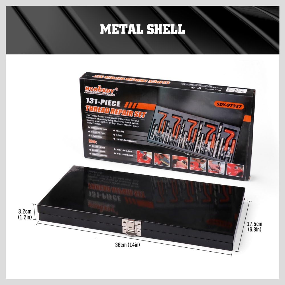 HORUSDY 131-piece thread repair kit with twist drills, screw taps, and inserts for M5-M12 thread restoration in metal case