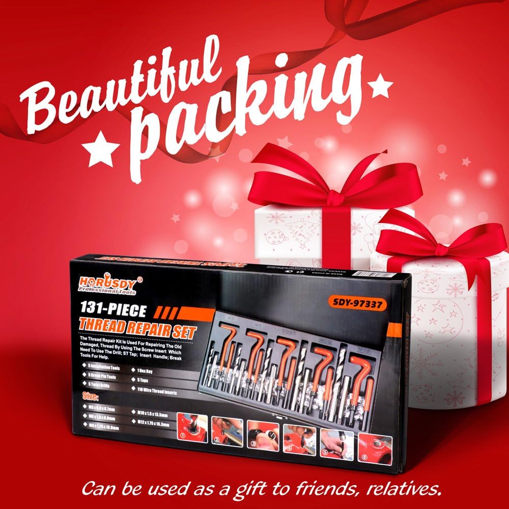 HORUSDY 131-piece thread repair kit with twist drills, screw taps, and inserts for M5-M12 thread restoration in metal case