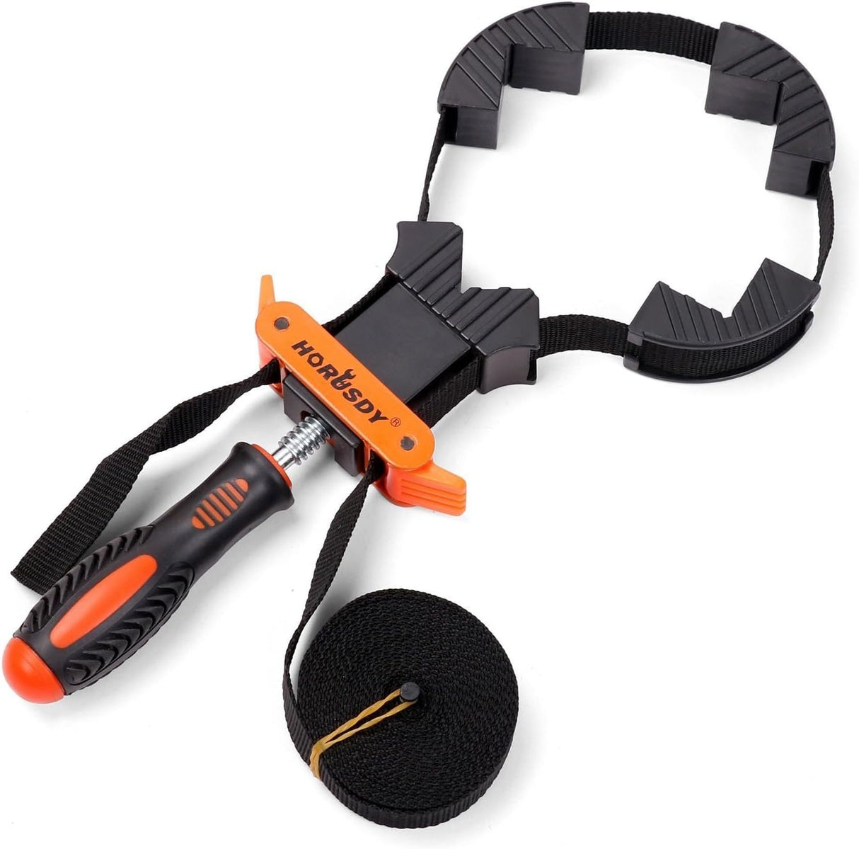 Adjustable 4-meter belt clamp with ergonomic handle and corner clips for clamping square, round, and irregular workpieces.