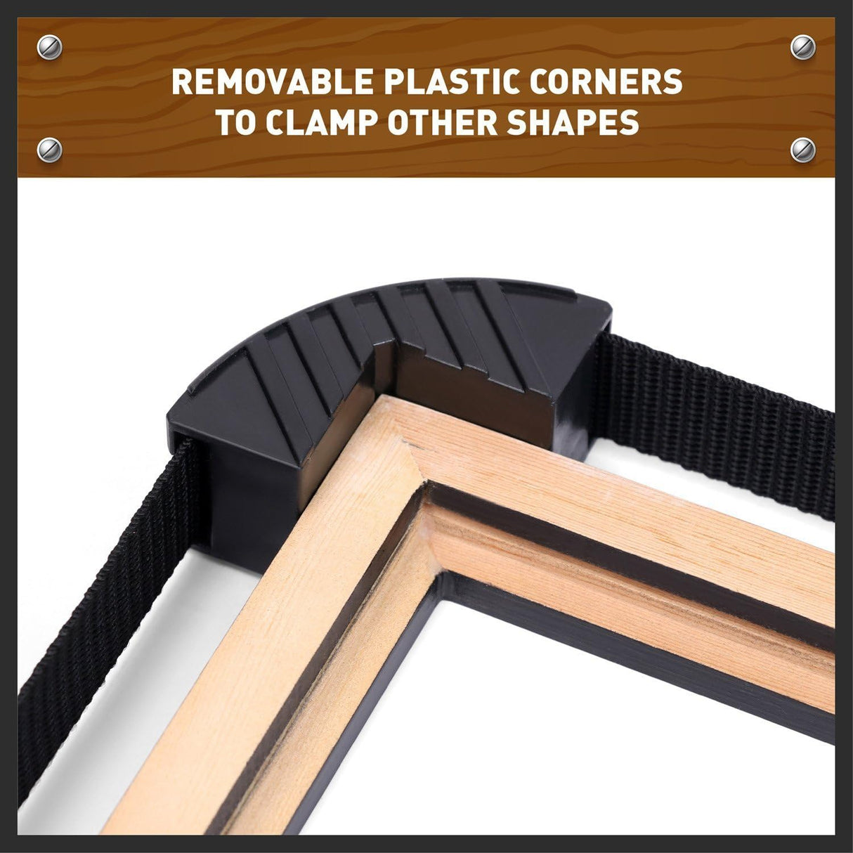 Adjustable 4-meter belt clamp with ergonomic handle and corner clips for clamping square, round, and irregular workpieces.