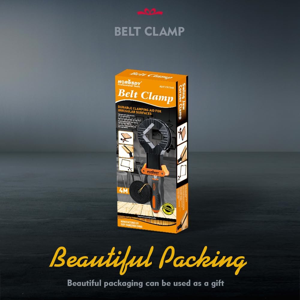 Adjustable 4-meter belt clamp with ergonomic handle and corner clips for clamping square, round, and irregular workpieces.
