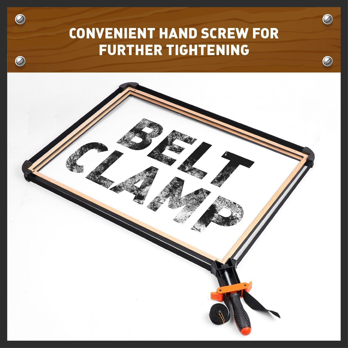 Adjustable 4-meter belt clamp with ergonomic handle and corner clips for clamping square, round, and irregular workpieces.