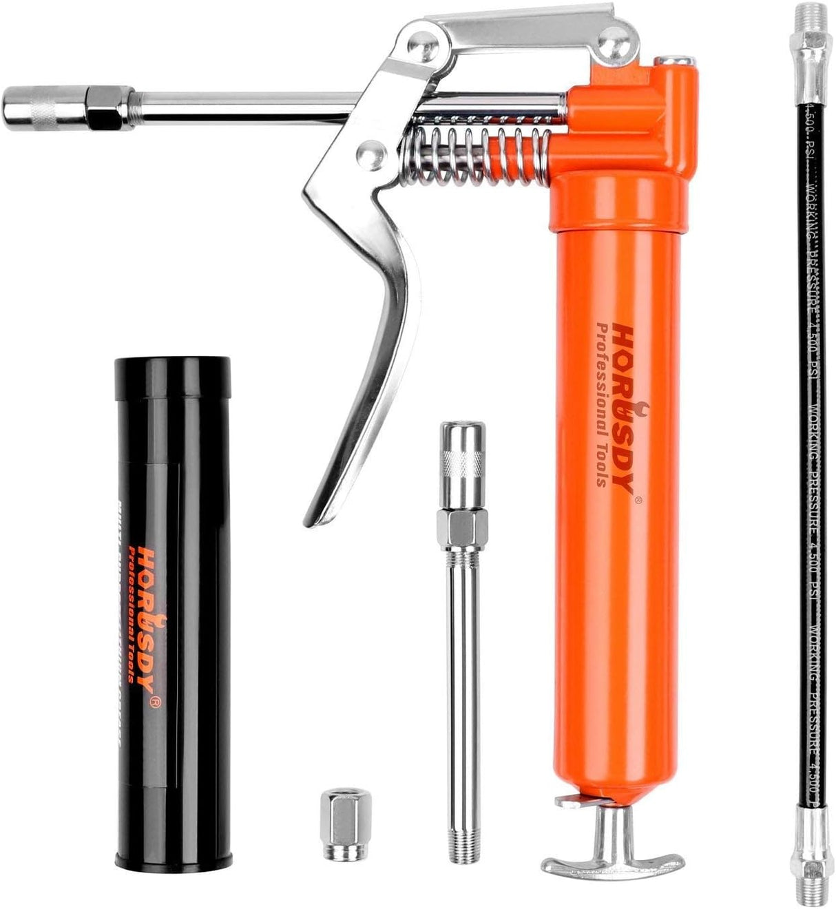 Heavy-duty pistol grip grease gun set with lithium grease cartridge, flexible and rigid hoses, 4-jaw coupler, and ergonomic handle for automotive and machinery lubrication.