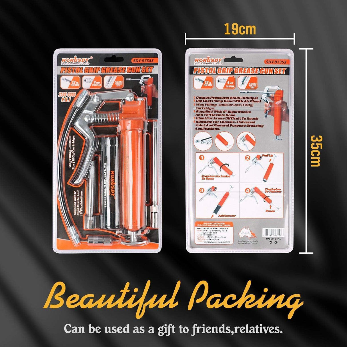 Heavy-duty pistol grip grease gun set with lithium grease cartridge, flexible and rigid hoses, 4-jaw coupler, and ergonomic handle for automotive and machinery lubrication.