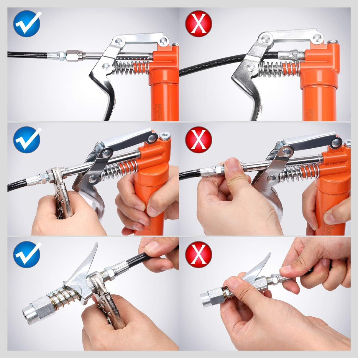 Heavy-duty pistol grip grease gun set with lithium grease cartridge, flexible and rigid hoses, 4-jaw coupler, and ergonomic handle for automotive and machinery lubrication.