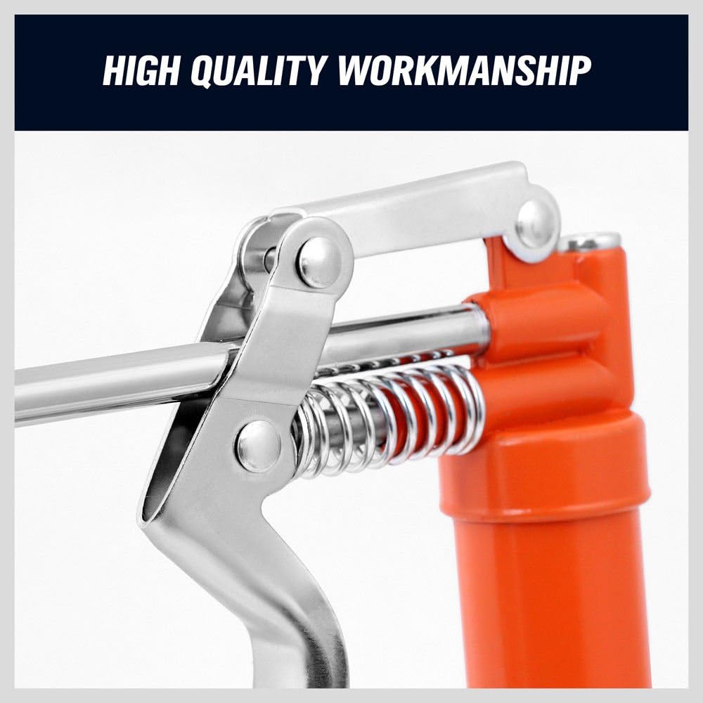 Heavy-duty pistol grip grease gun set with lithium grease cartridge, flexible and rigid hoses, 4-jaw coupler, and ergonomic handle for automotive and machinery lubrication.