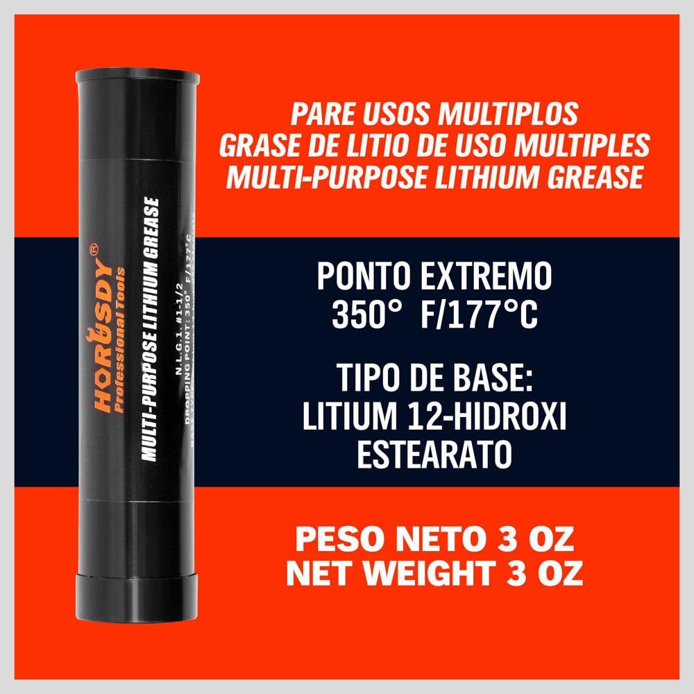 Heavy-duty pistol grip grease gun set with lithium grease cartridge, flexible and rigid hoses, 4-jaw coupler, and ergonomic handle for automotive and machinery lubrication.