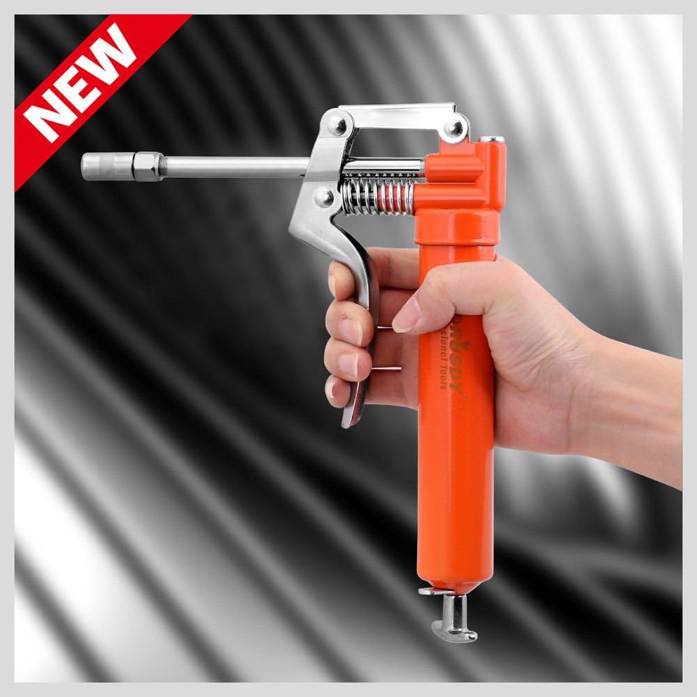 Heavy-duty pistol grip grease gun set with lithium grease cartridge, flexible and rigid hoses, 4-jaw coupler, and ergonomic handle for automotive and machinery lubrication.