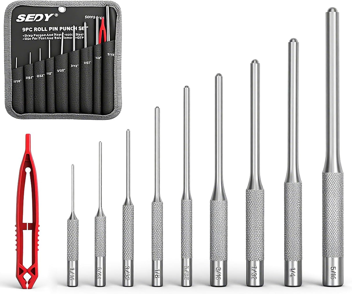 SEDY 9-piece roll pin punch set with heat-treated steel punches, anti-slip grip, and canvas pouch for gunsmithing, automotive, and mechanical repairs