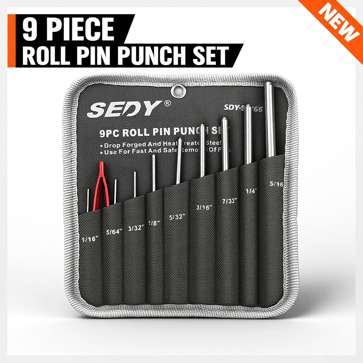 SEDY 9-piece roll pin punch set with heat-treated steel punches, anti-slip grip, and canvas pouch for gunsmithing, automotive, and mechanical repairs