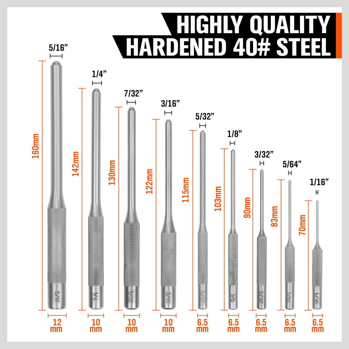 SEDY 9-piece roll pin punch set with heat-treated steel punches, anti-slip grip, and canvas pouch for gunsmithing, automotive, and mechanical repairs