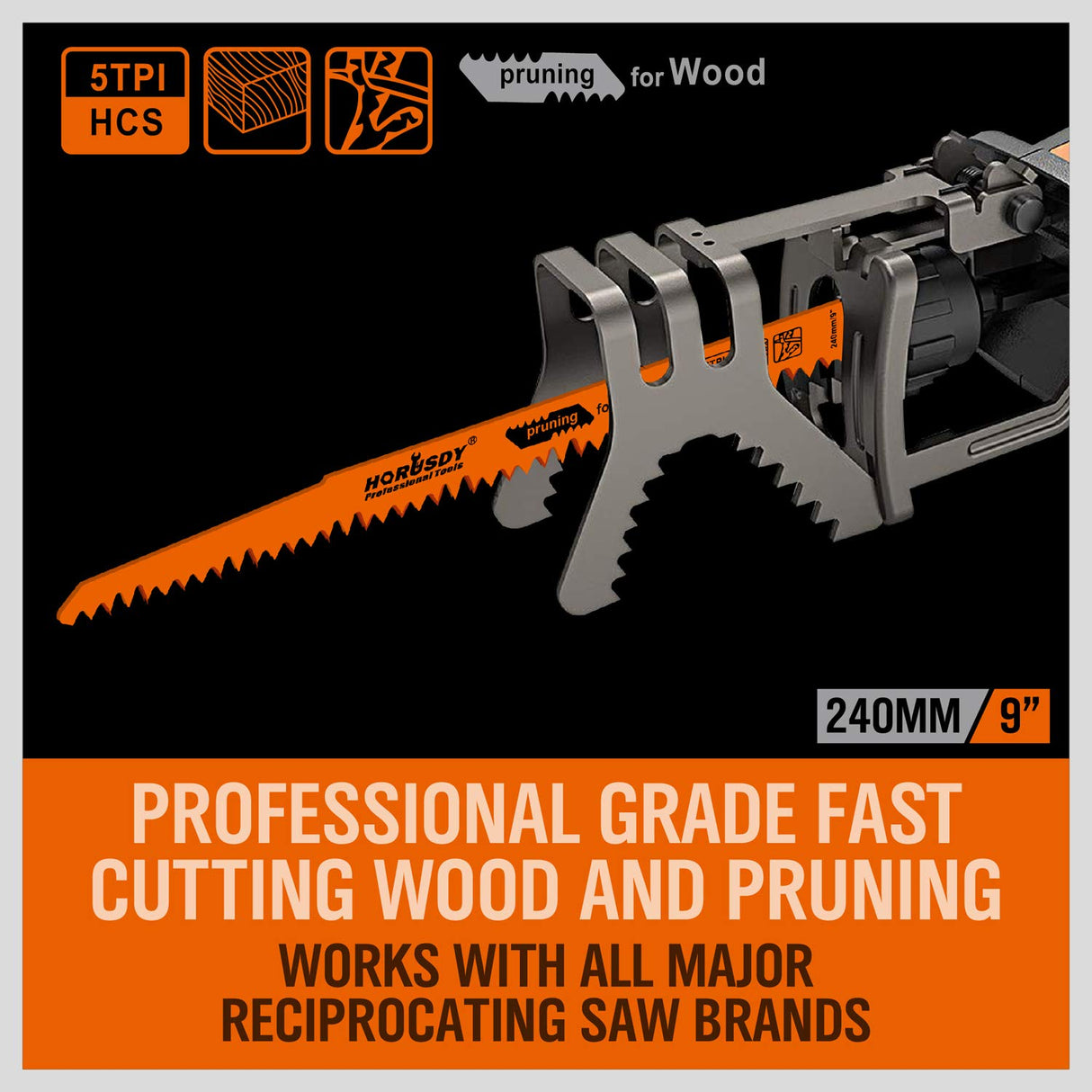 HORUSDY orange reciprocating saw blades for pruning wood, high carbon steel, compatible with major reciprocating saws
