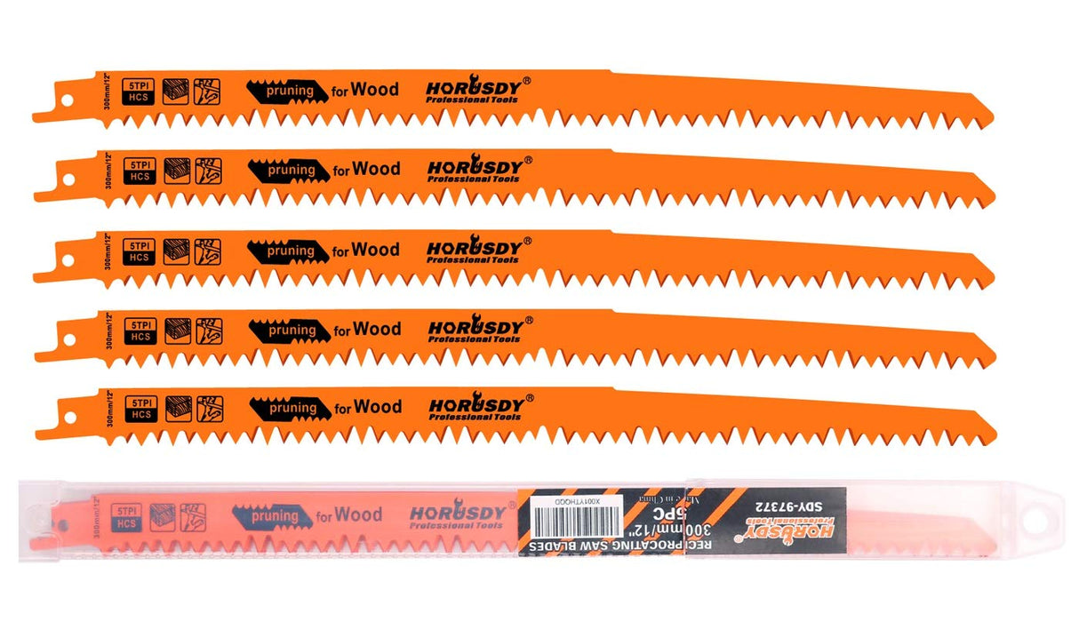 HORUSDY 12-inch reciprocating saw blades for wood pruning, high carbon steel, 5TPI, 5-pack