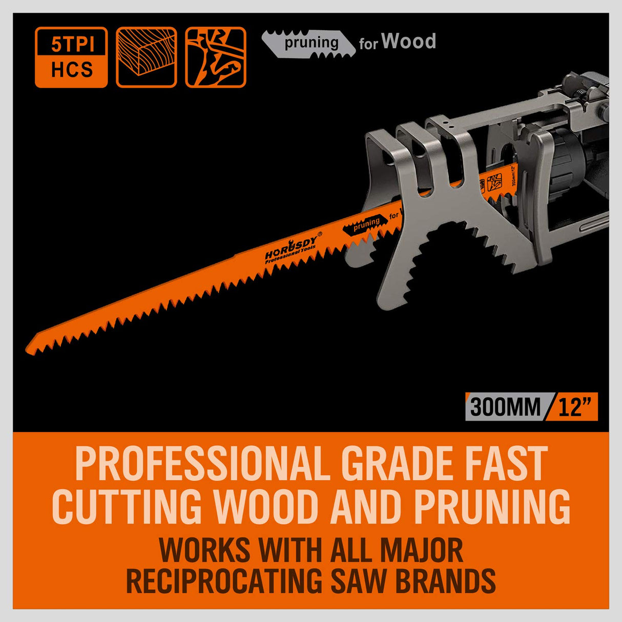 HORUSDY 12-inch reciprocating saw blades for wood pruning, high carbon steel, 5TPI, 5-pack
