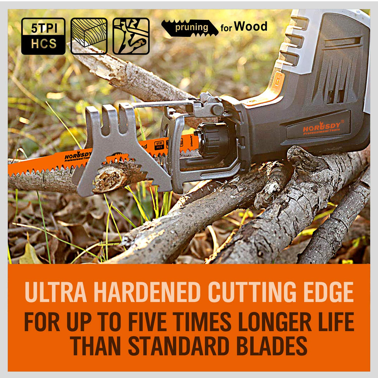 HORUSDY 12-inch reciprocating saw blades for wood pruning, high carbon steel, 5TPI, 5-pack