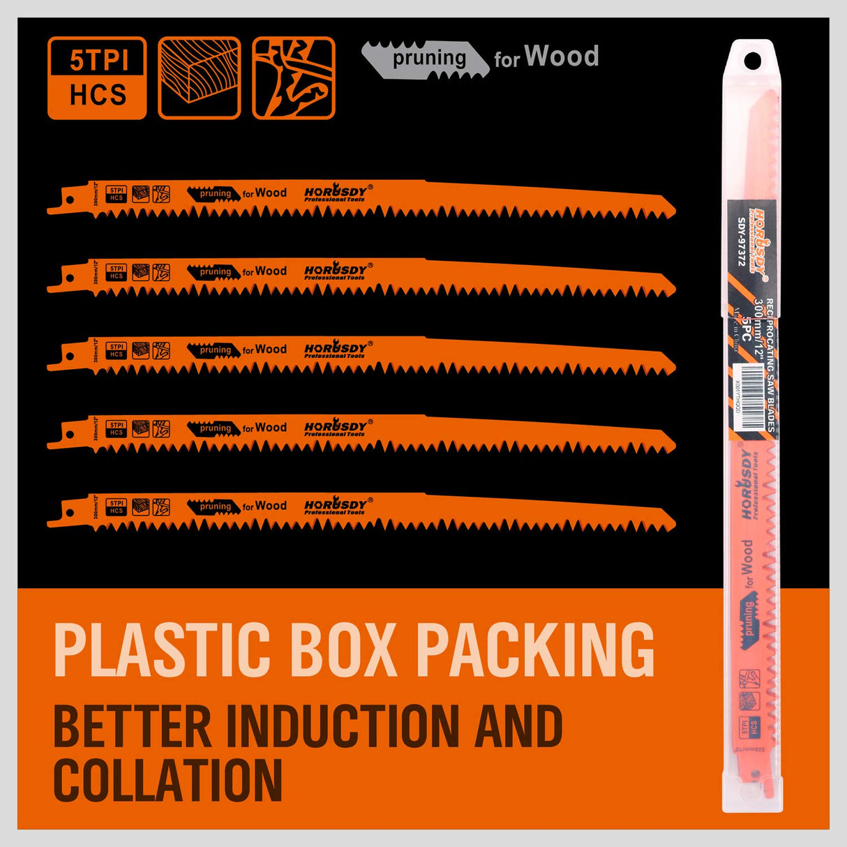 HORUSDY 12-inch reciprocating saw blades for wood pruning, high carbon steel, 5TPI, 5-pack