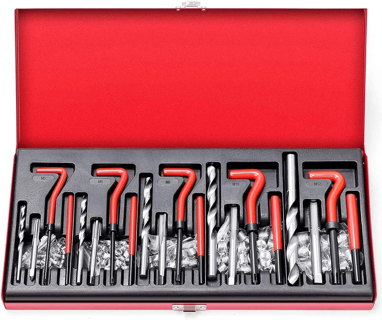 Thread repair tool kit with 131 pieces including taps, drills, wire thread inserts, installation and breaking tools for M5-M12 metric threads in a storage case.
