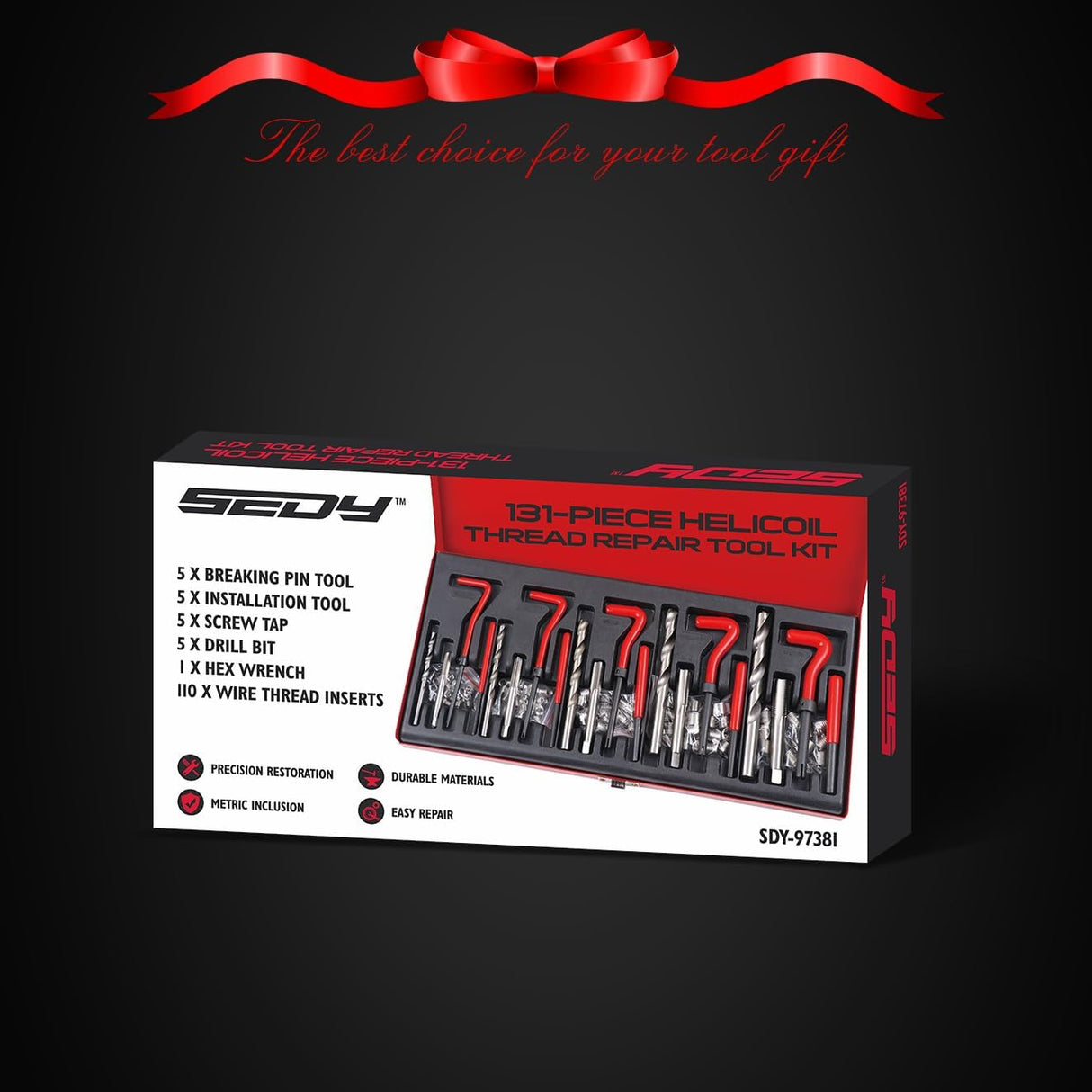 Thread repair tool kit with 131 pieces including taps, drills, wire thread inserts, installation and breaking tools for M5-M12 metric threads in a storage case.