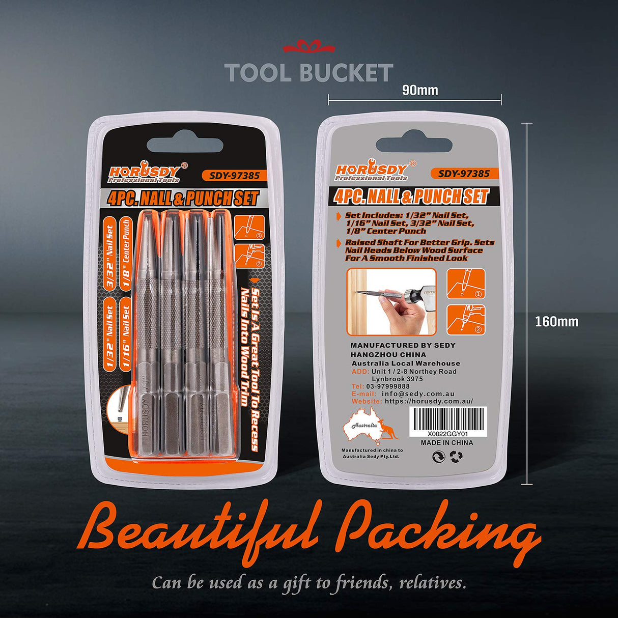 HORUSDY 4-piece nail and punch set with heat-treated steel tips and knurled grips for wood and metal positioning.