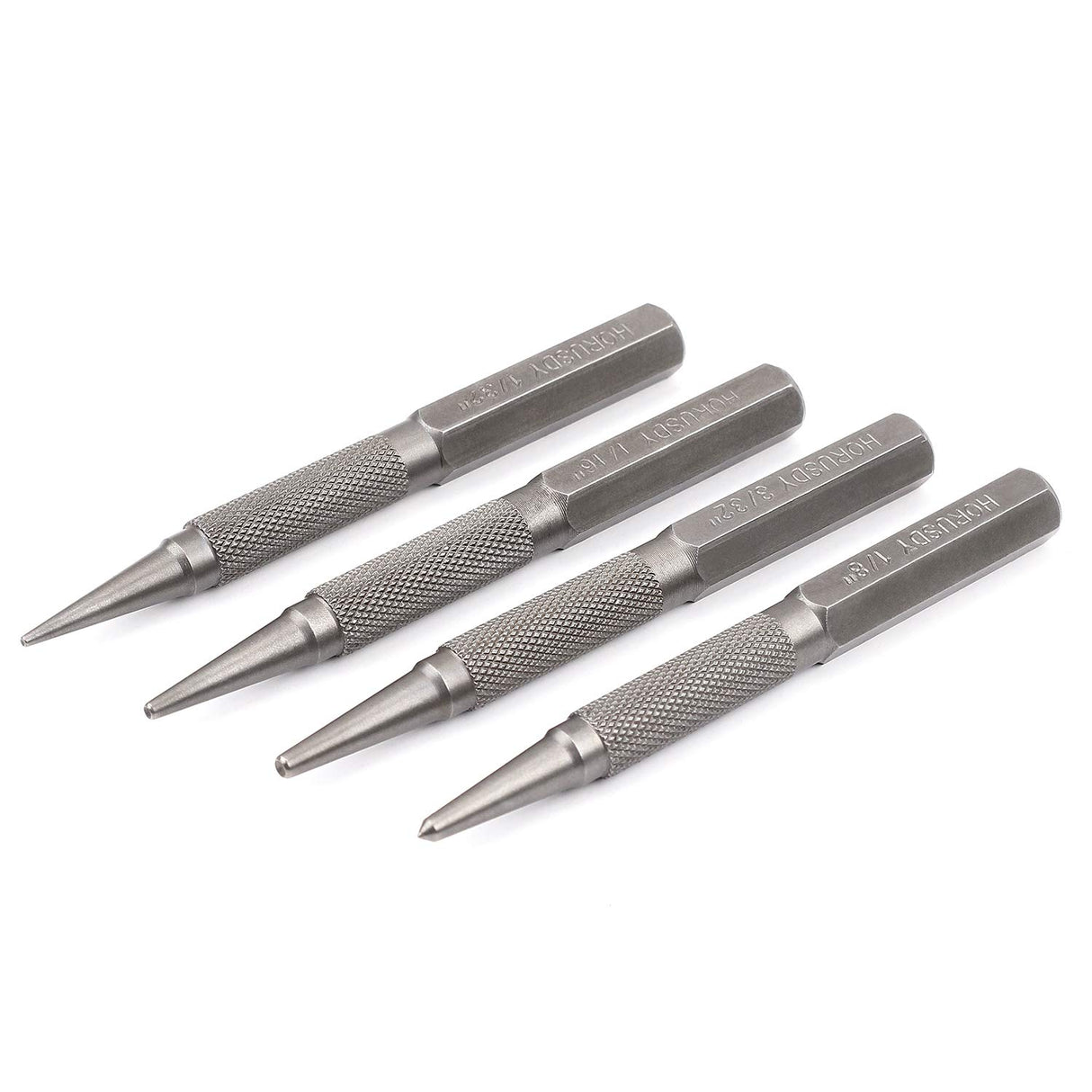 HORUSDY 4-piece nail and punch set with heat-treated steel tips and knurled grips for wood and metal positioning.