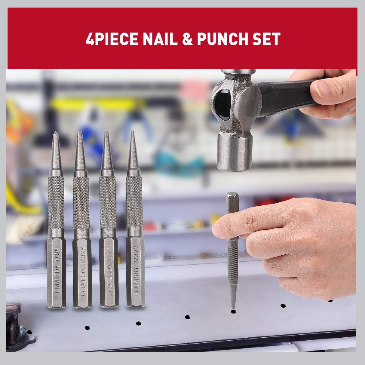 HORUSDY 4-piece nail and punch set with heat-treated steel tips and knurled grips for wood and metal positioning.