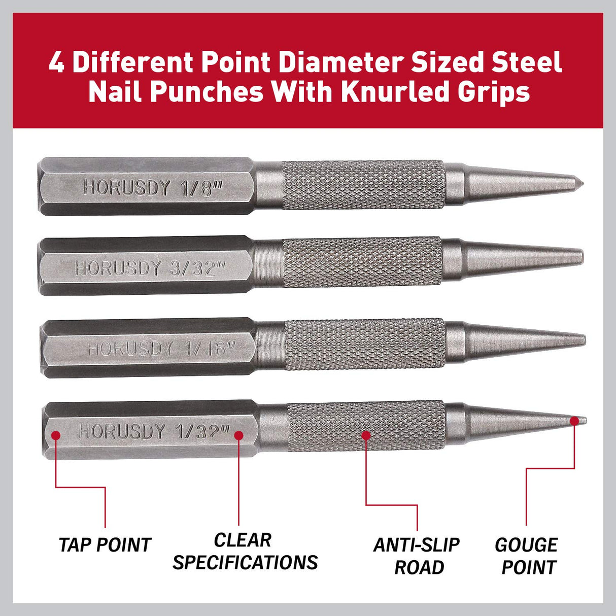 HORUSDY 4-piece nail and punch set with heat-treated steel tips and knurled grips for wood and metal positioning.