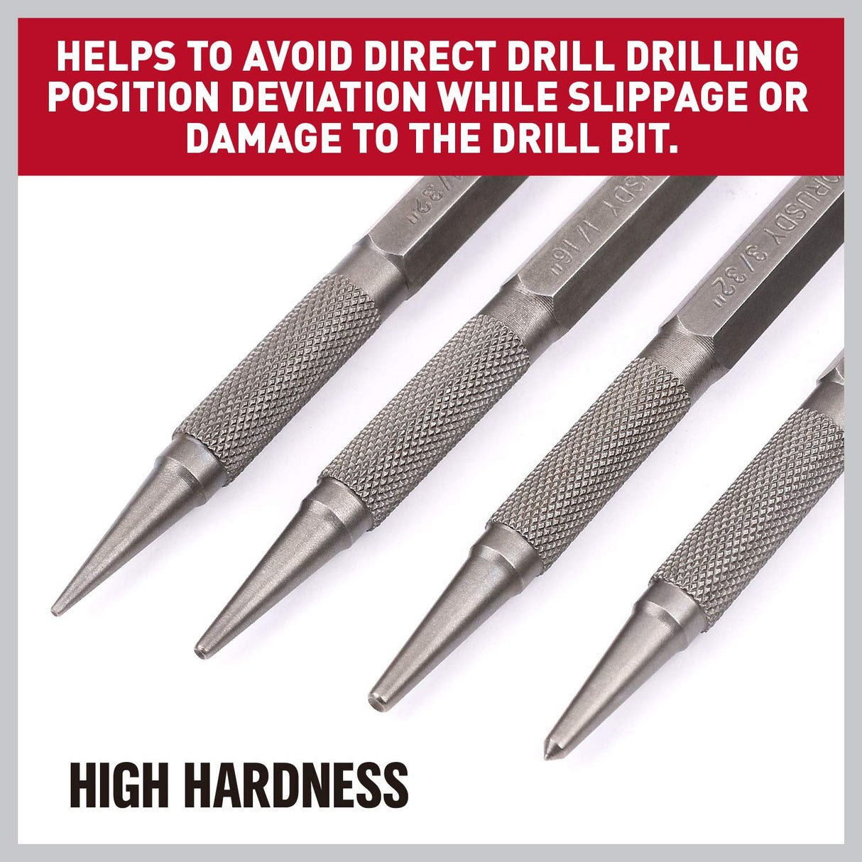 HORUSDY 4-piece nail and punch set with heat-treated steel tips and knurled grips for wood and metal positioning.
