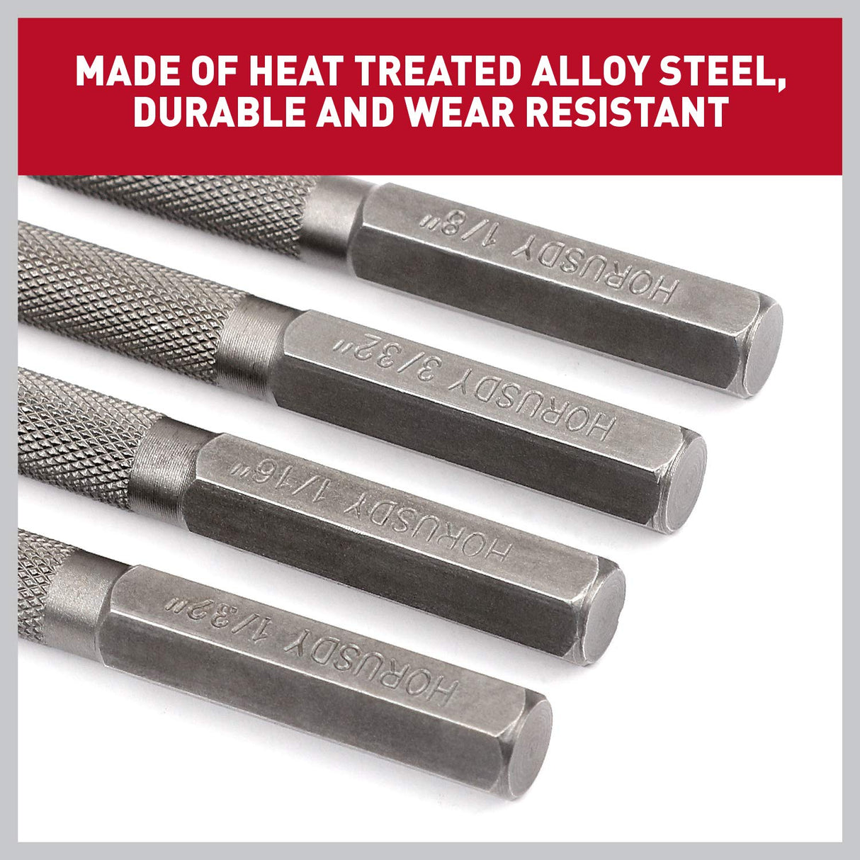 HORUSDY 4-piece nail and punch set with heat-treated steel tips and knurled grips for wood and metal positioning.