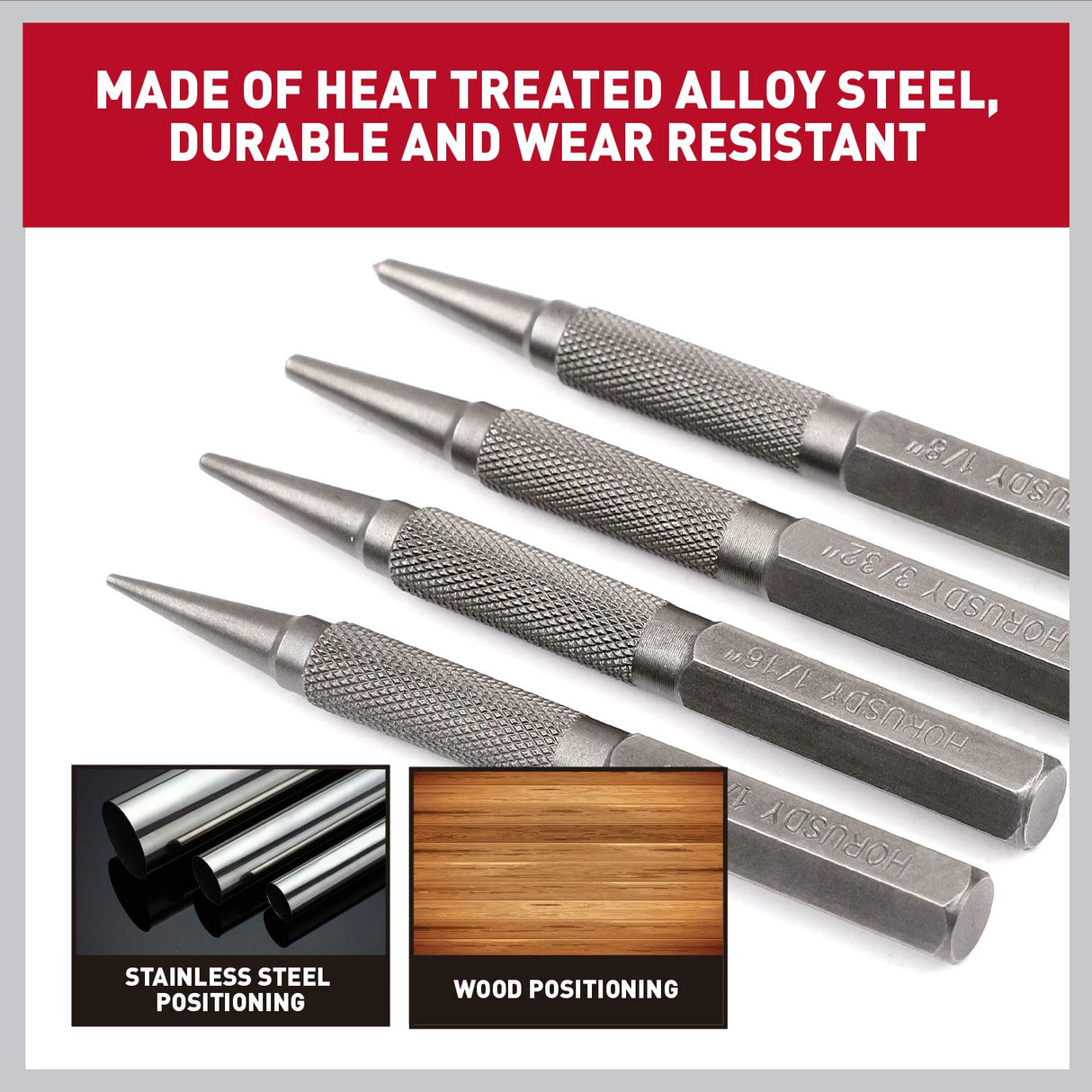 HORUSDY 4-piece nail and punch set with heat-treated steel tips and knurled grips for wood and metal positioning.