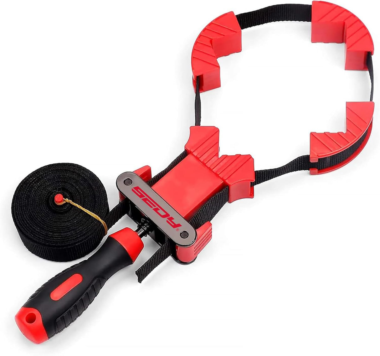 SEDY 13ft woodworking strap clamp with quick-release belt, adjustable tension handle, and 90-degree corner pieces
