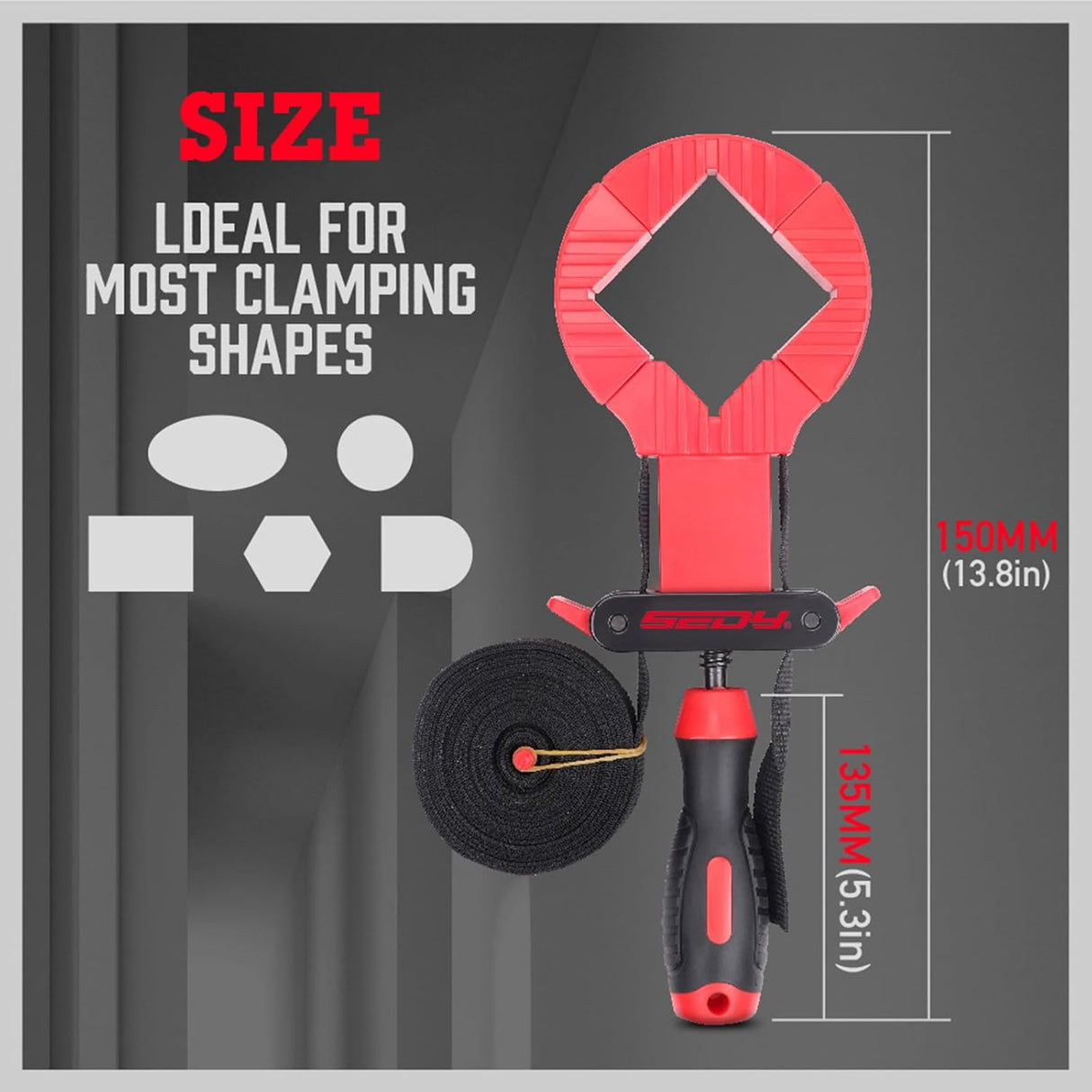 SEDY 13ft woodworking strap clamp with quick-release belt, adjustable tension handle, and 90-degree corner pieces