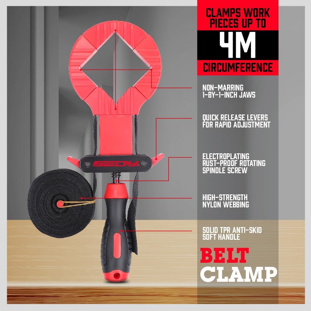 SEDY 13ft woodworking strap clamp with quick-release belt, adjustable tension handle, and 90-degree corner pieces
