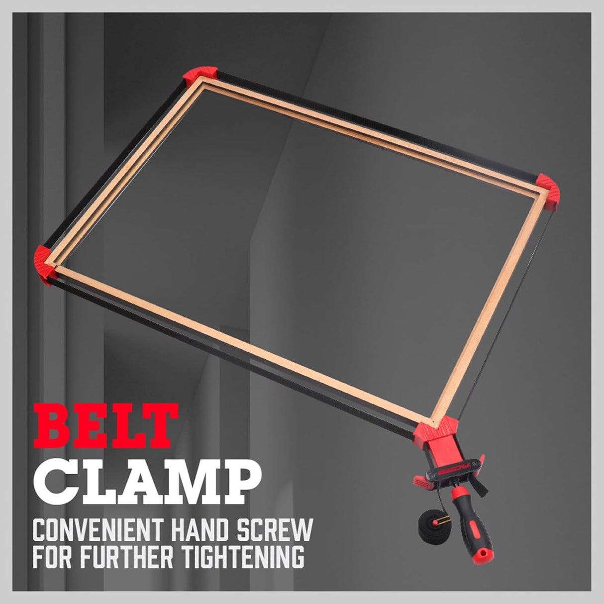 SEDY 13ft woodworking strap clamp with quick-release belt, adjustable tension handle, and 90-degree corner pieces