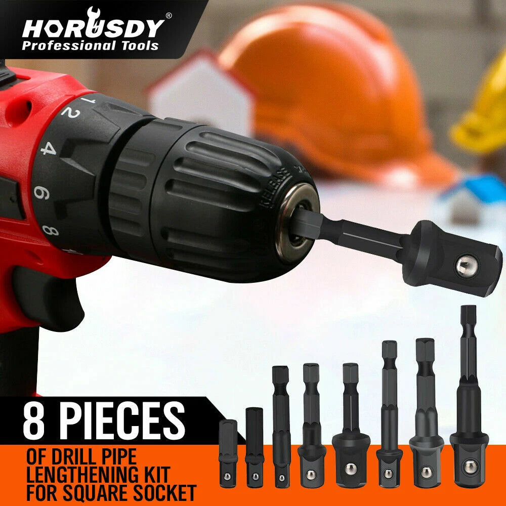 HORUSDY 8-Piece 1/4" Hex Shank Socket Adapter Set for Drill and Impact Driver – Includes 1/4", 3/8", 1/2" Square Drive Extensions with Weatherproof Coating and Anti-Drop Ball Design for Vehicle, Construction, and Home Maintenance