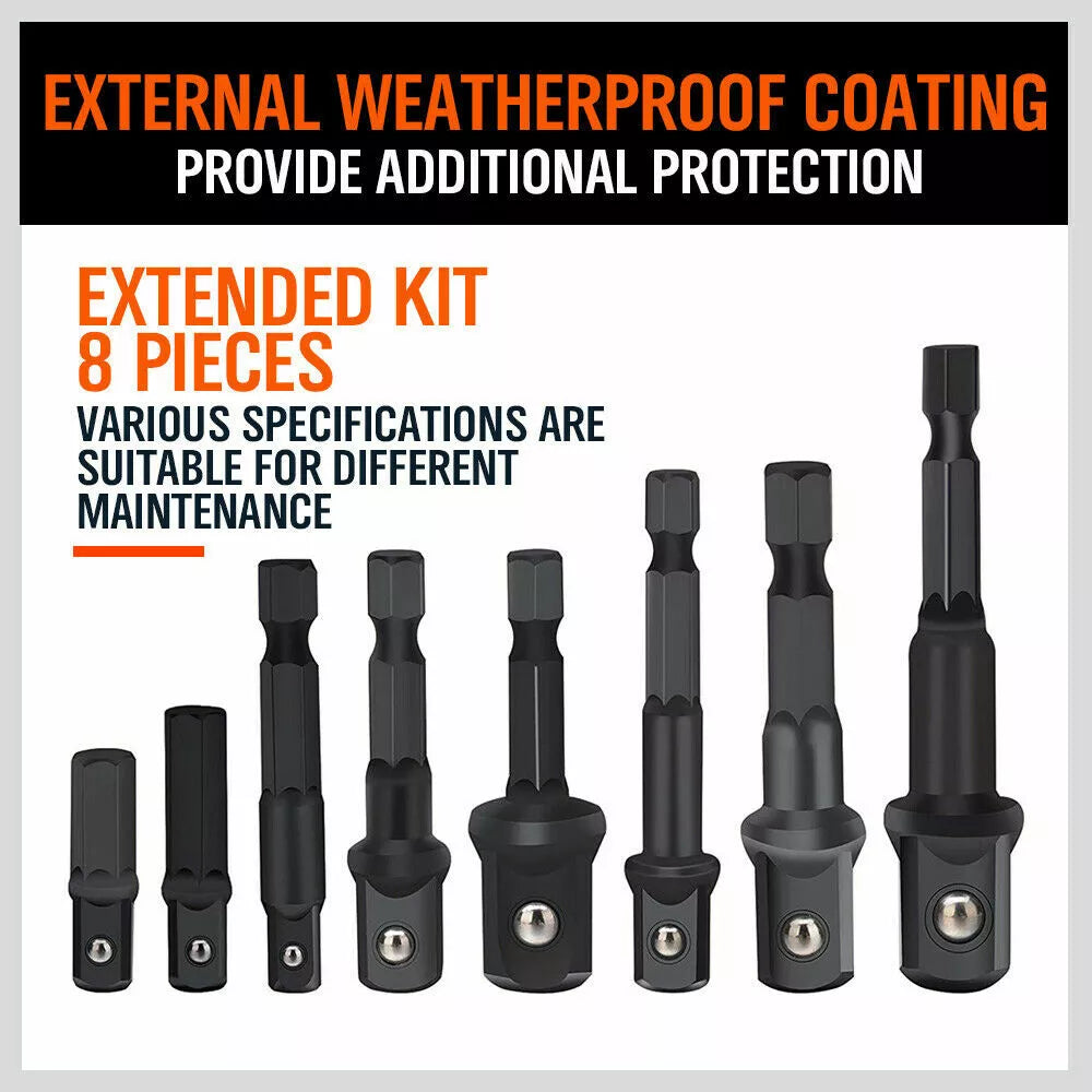 HORUSDY 8-Piece 1/4" Hex Shank Socket Adapter Set for Drill and Impact Driver – Includes 1/4", 3/8", 1/2" Square Drive Extensions with Weatherproof Coating and Anti-Drop Ball Design for Vehicle, Construction, and Home Maintenance