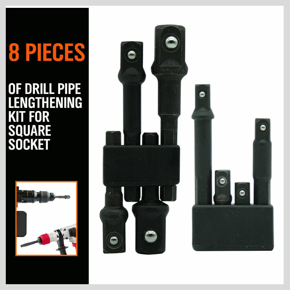 HORUSDY 8-Piece 1/4" Hex Shank Socket Adapter Set for Drill and Impact Driver – Includes 1/4", 3/8", 1/2" Square Drive Extensions with Weatherproof Coating and Anti-Drop Ball Design for Vehicle, Construction, and Home Maintenance