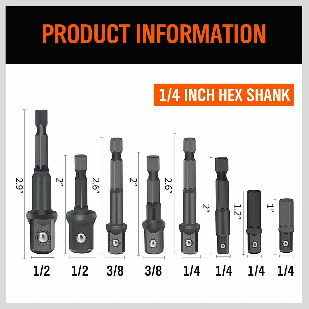 HORUSDY 8-Piece 1/4" Hex Shank Socket Adapter Set for Drill and Impact Driver – Includes 1/4", 3/8", 1/2" Square Drive Extensions with Weatherproof Coating and Anti-Drop Ball Design for Vehicle, Construction, and Home Maintenance