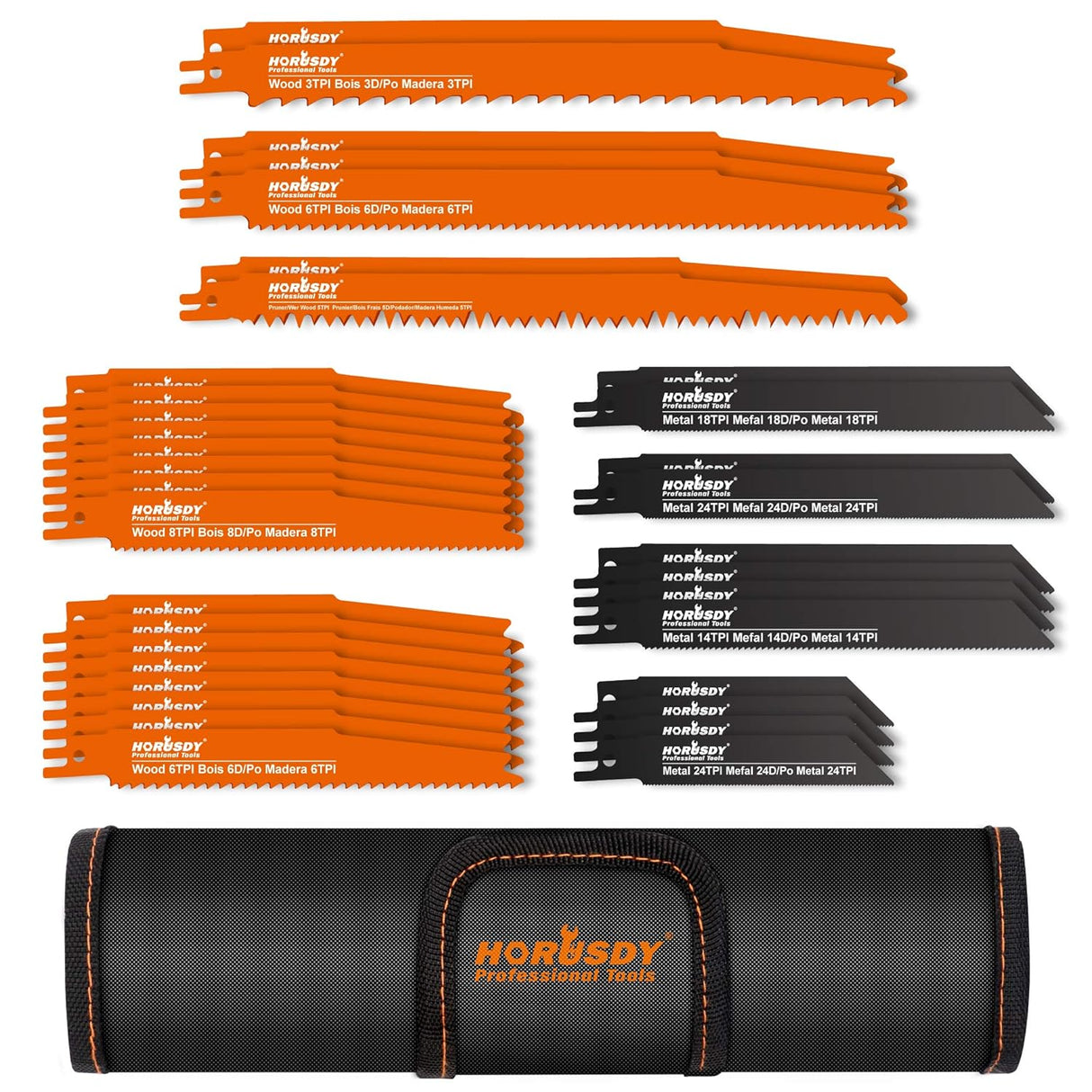 HORUSDY reciprocating saw blade set with wood and metal cutting blades and durable roll-up pouch