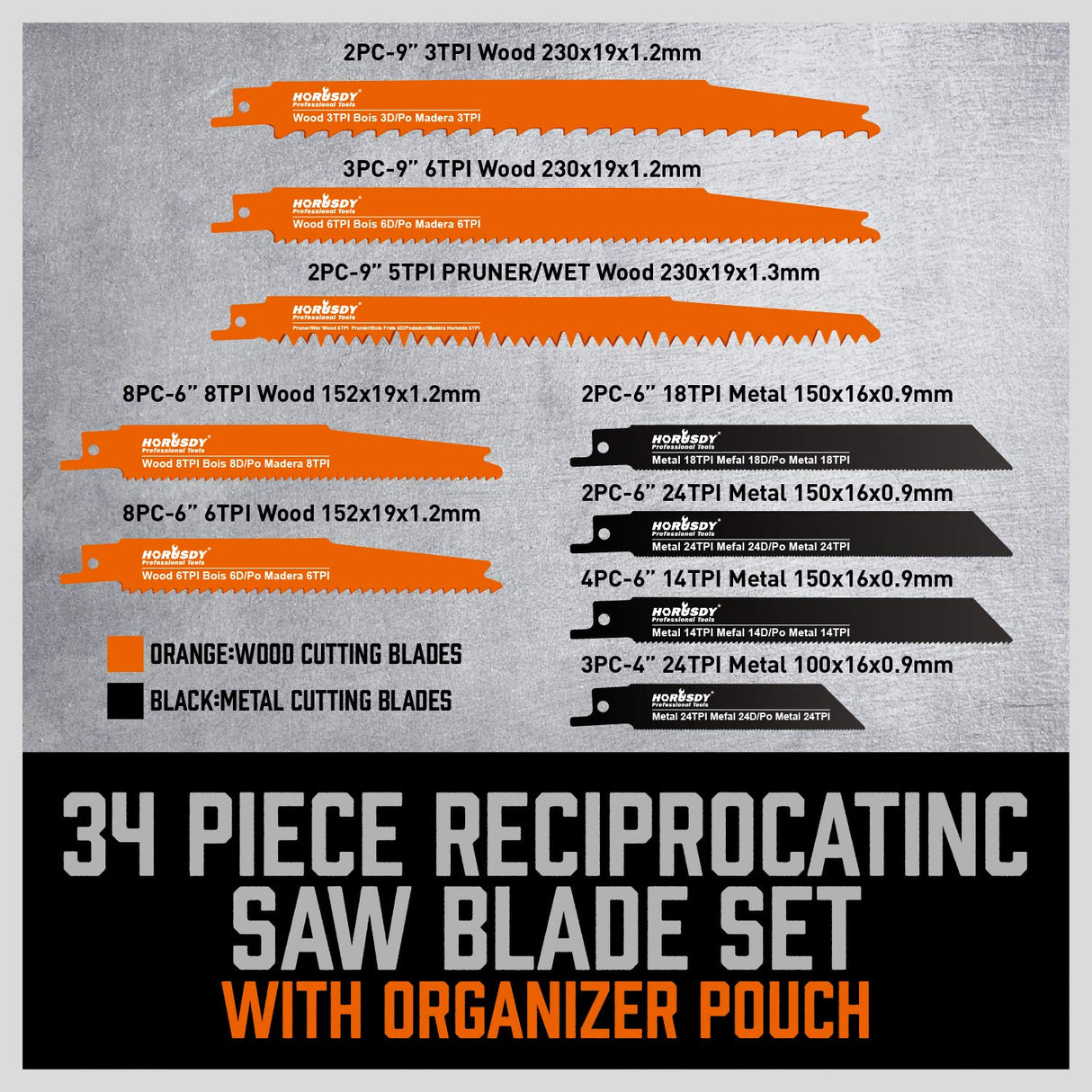 HORUSDY reciprocating saw blade set with wood and metal cutting blades and durable roll-up pouch