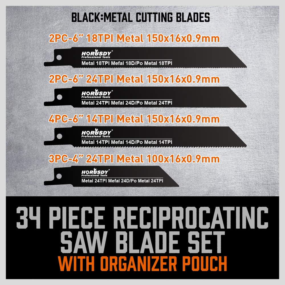 HORUSDY reciprocating saw blade set with wood and metal cutting blades and durable roll-up pouch