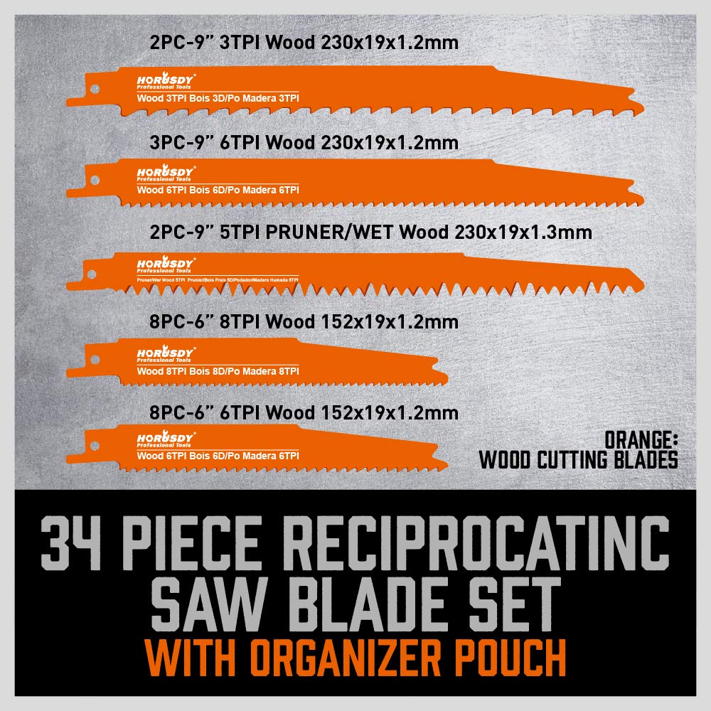 HORUSDY reciprocating saw blade set with wood and metal cutting blades and durable roll-up pouch