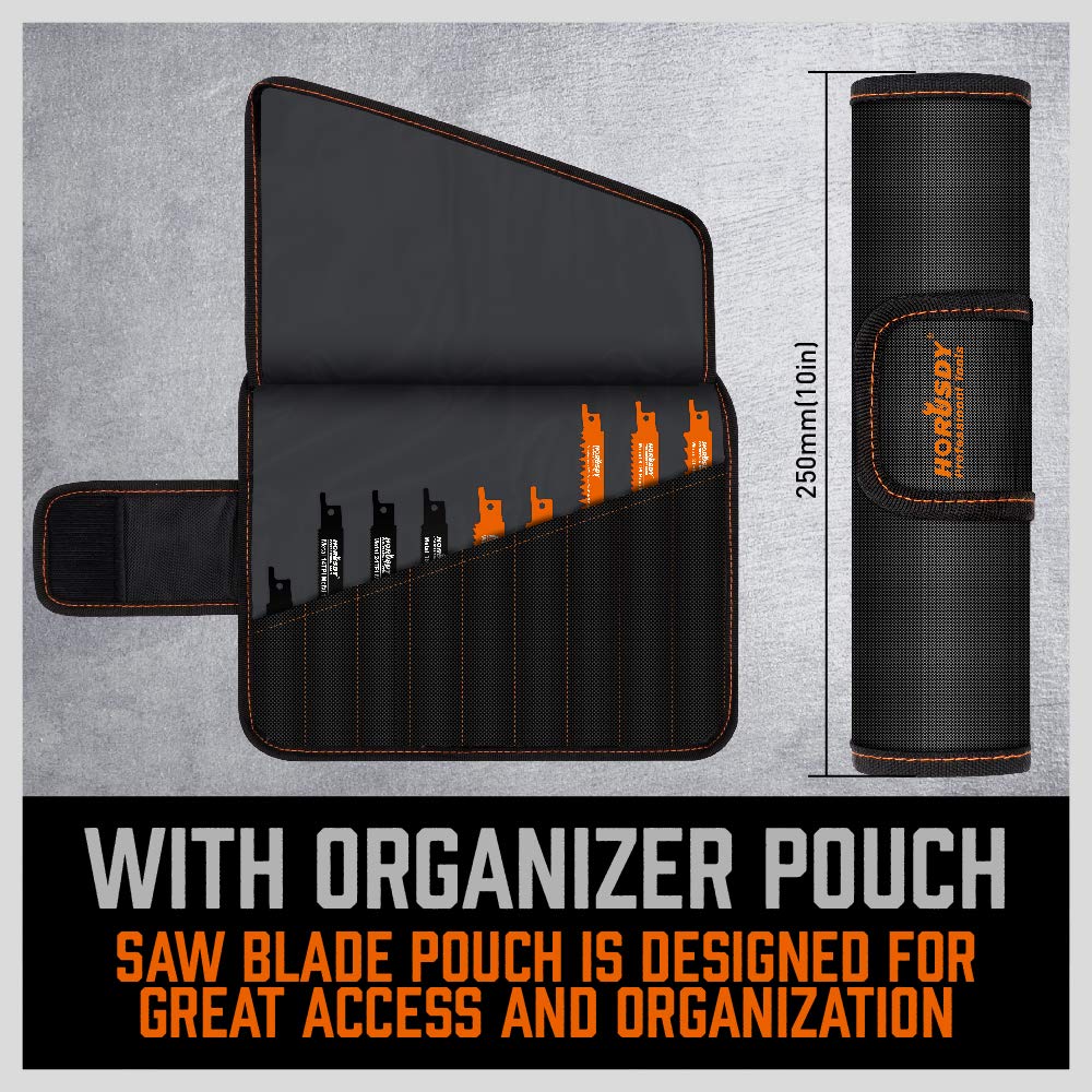 HORUSDY reciprocating saw blade set with wood and metal cutting blades and durable roll-up pouch