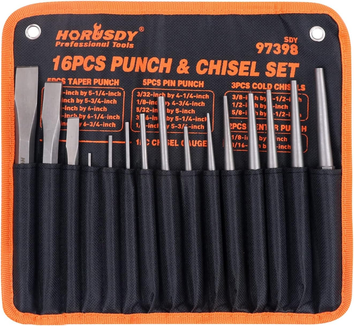 HORUSDY 16-piece punch and chisel set with CR-V steel tools, chisel gauge, taper pin and center punches, cold chisels, and canvas storage pouch.
