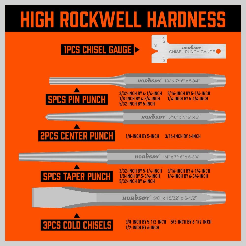 HORUSDY 16-piece punch and chisel set with CR-V steel tools, chisel gauge, taper pin and center punches, cold chisels, and canvas storage pouch.