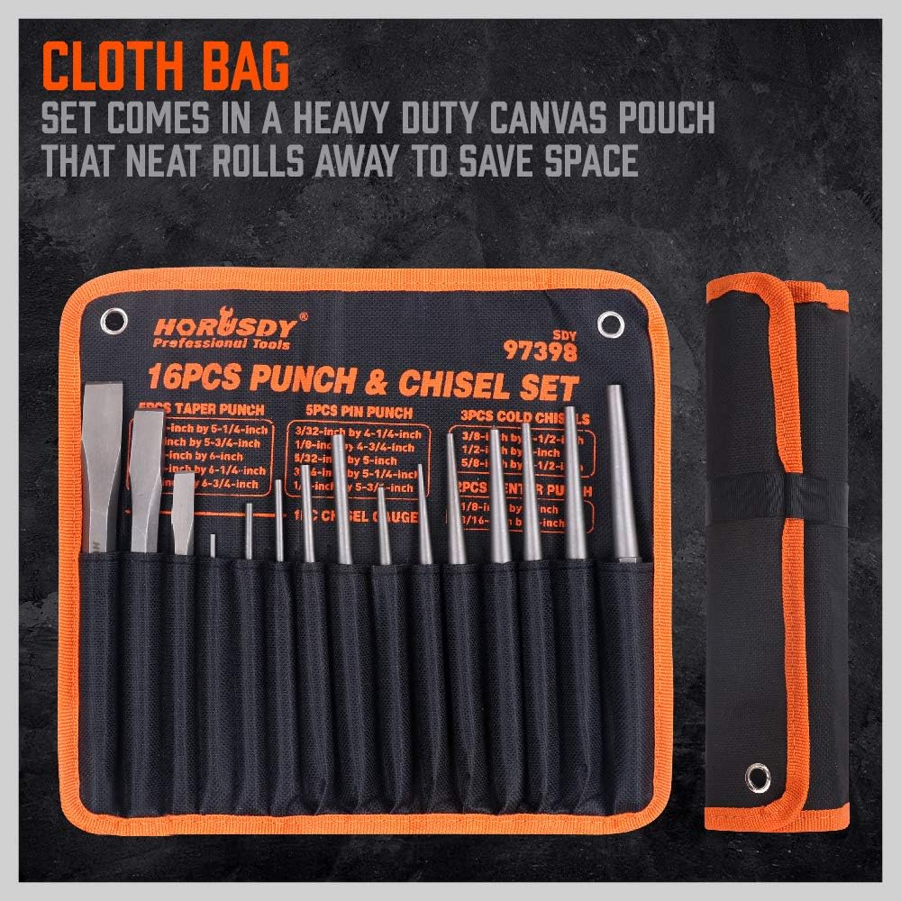 HORUSDY 16-piece punch and chisel set with CR-V steel tools, chisel gauge, taper pin and center punches, cold chisels, and canvas storage pouch.