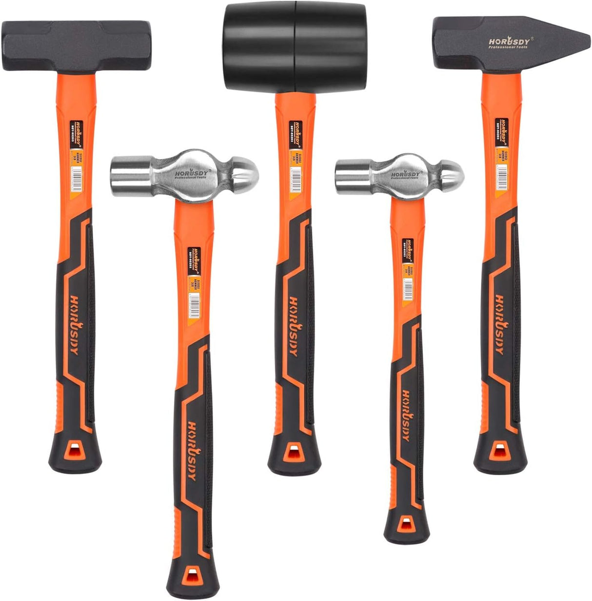 Five-piece HORUSDY hammer set including rubber mallet, sledge, cross pein, and two ball pein hammers with ergonomic anti-slip handles.